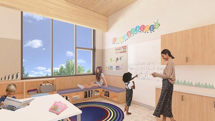 建筑师在白板上画了一个教室，里面有一个大人和一个孩子