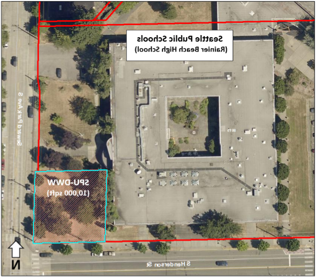 aerial image showing a large square building with a central courtyard which is labeled Seattle Public Schools Rainier Beach High School. A red lines outlining the property parcel. Two sides of the red outlined area are fronted by S. Henderson St. at the bottom and Seward Park Ave S on the right side. A blue outlined box is in the lower right marked SPU-DWW (10,000 sqft). A blue arrow points to the box. An arrow pointing up marks North. 