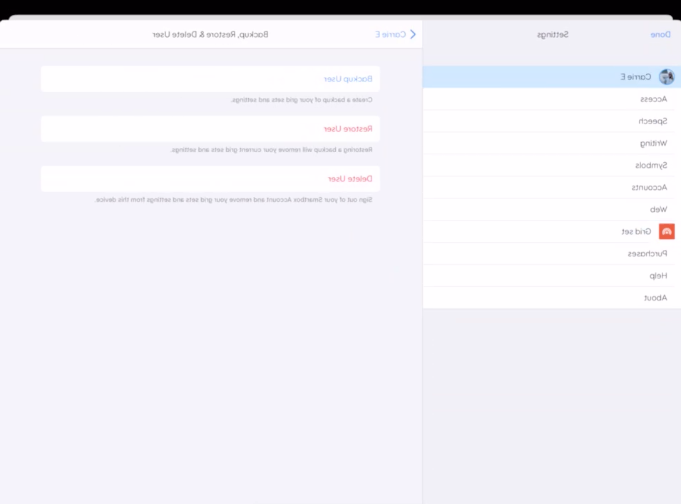 iPad Grid的屏幕截图，显示了备份、恢复和删除用户中的选项 