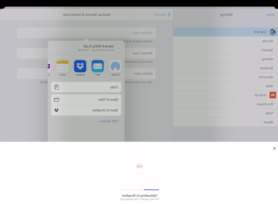 iPad的Grid屏幕截图显示正在进行Dropbox上传