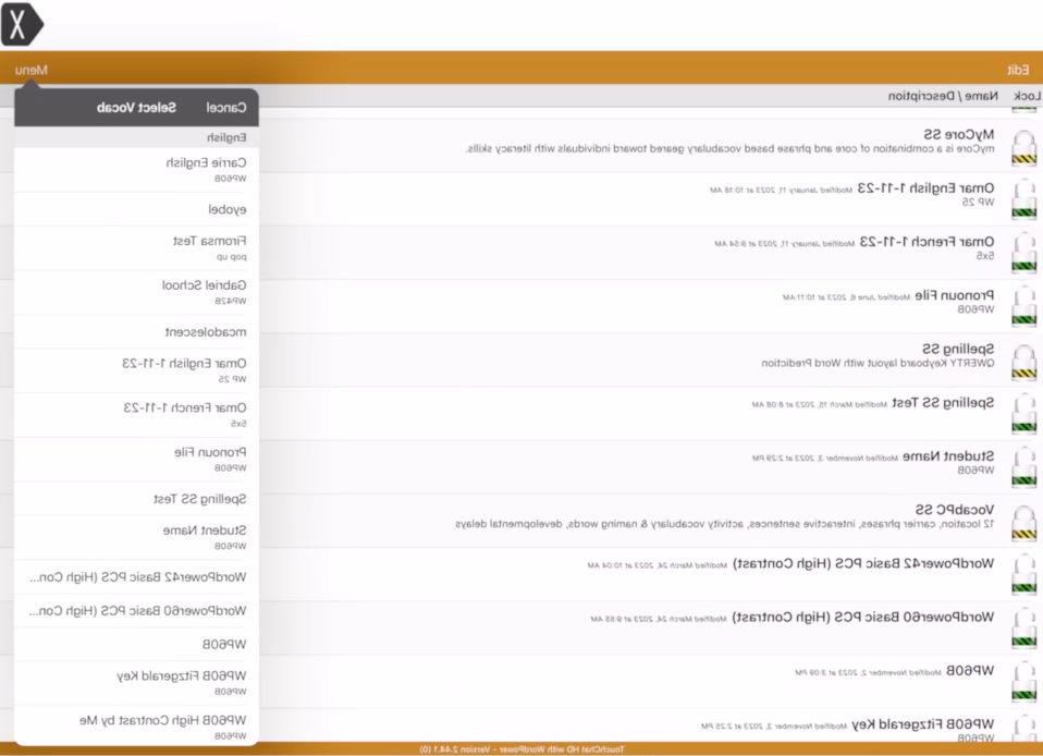 Touch Chat HD with Word Power的屏幕截图，显示在做Dropbox备份时选择的词汇选项