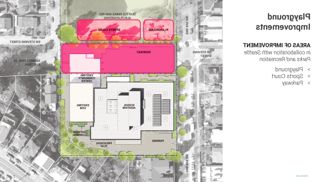 site plan for Alki Elementary construction project with the neighboring Parkway, playground, and sports court highlighted