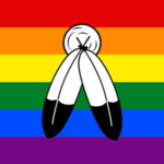 A rainbow flag background with two feathers in the foreground